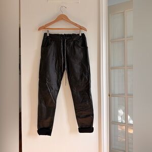 Women's Black Faux Leather Jogger Pants - Drawstring Waist